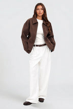 Autumn | Women's Short Suede-Effect Jacket, Brown Pointed-Collar Jacket | Animated Apparel