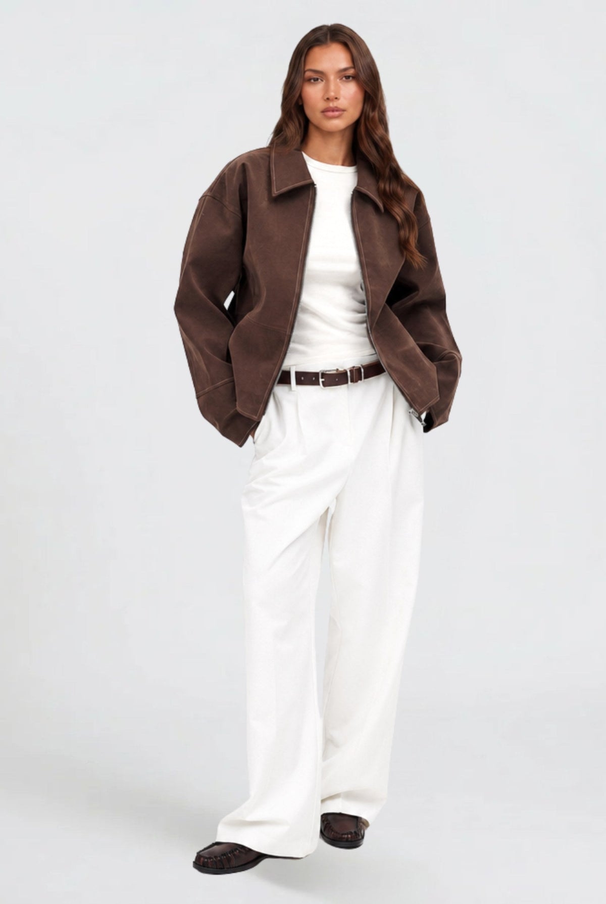 Autumn | Women's Short Suede-Effect Jacket, Brown Pointed-Collar Jacket | Animated Apparel