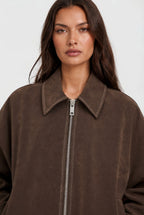 Autumn | Women's Short Suede-Effect Jacket, Brown Pointed-Collar Jacket | Animated Apparel