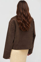 Autumn | Women's Short Suede-Effect Jacket, Brown Pointed-Collar Jacket | Animated Apparel