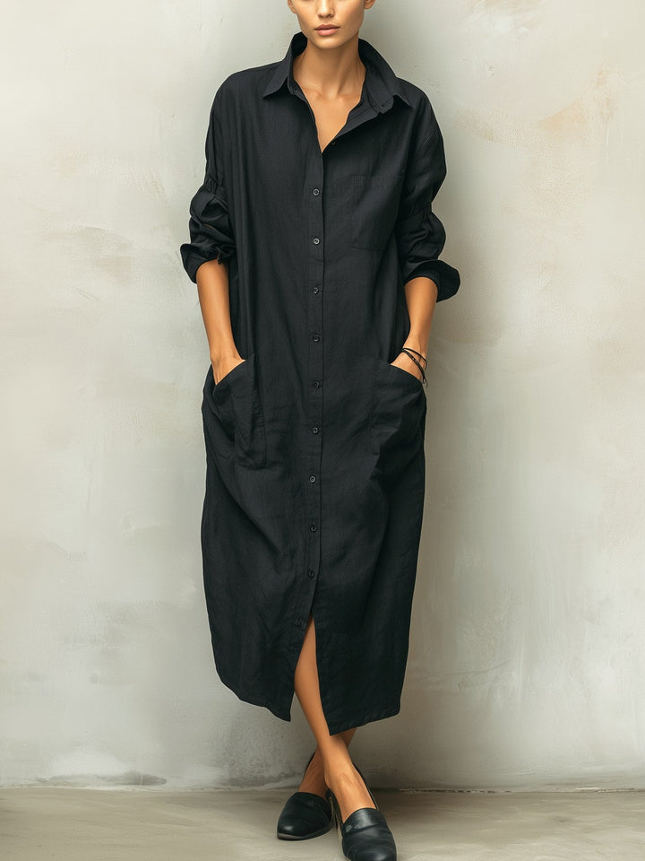 Mackenzie | Women's Black Cotton Linen Shirt Collar Dress