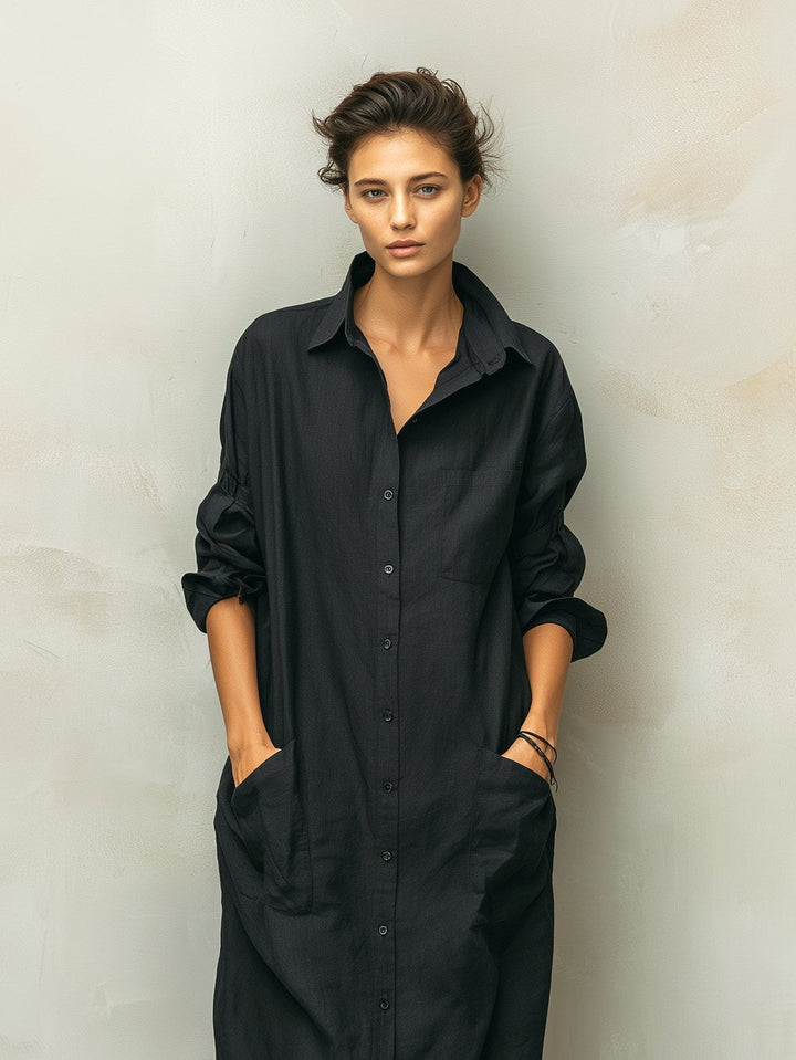 Mackenzie | Women's Black Cotton Linen Shirt Collar Dress