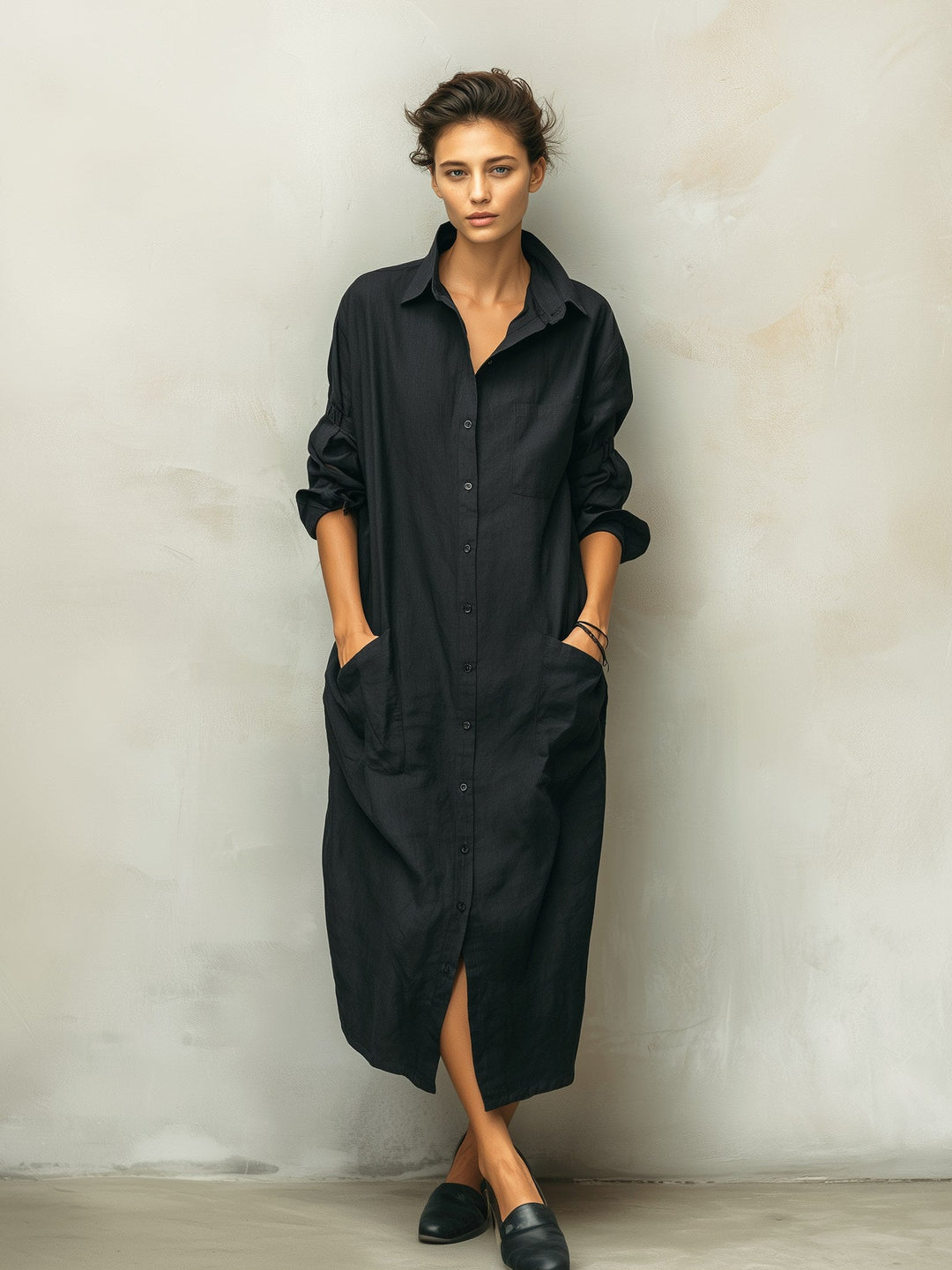 Mackenzie | Women's Black Cotton Linen Shirt Collar Dress