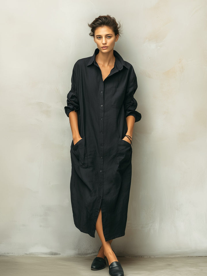 Mackenzie | Women's Black Cotton Linen Shirt Collar Dress