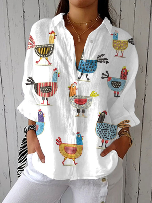 Mackenzie | Women's Playful Hen Print Blouse - Multicolor