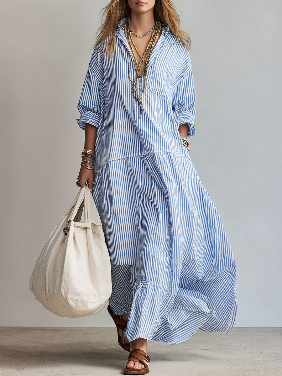 Mackenzie | Women's Striped Button-Front Maxi Shirt Dress - Blue