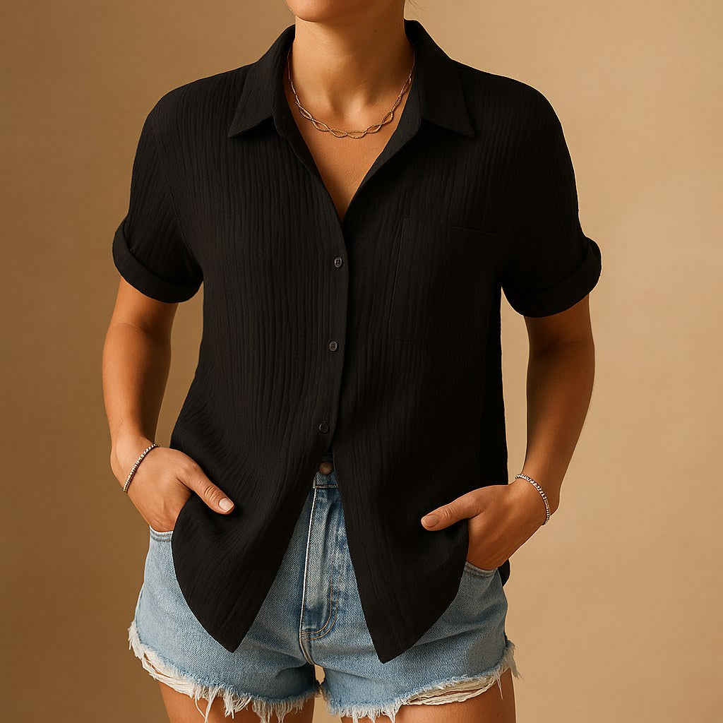 Madelyn | Women's Cotton Gauze Short Sleeve Shirt - Yellow