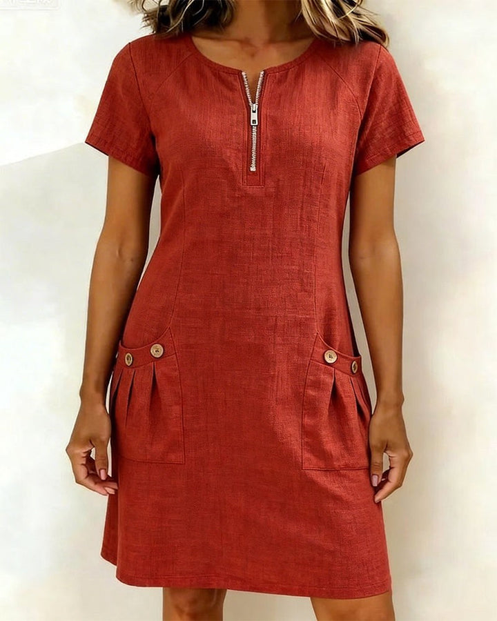 Madison | Women's A-Line Linen Midi Dress with Pockets - Rood