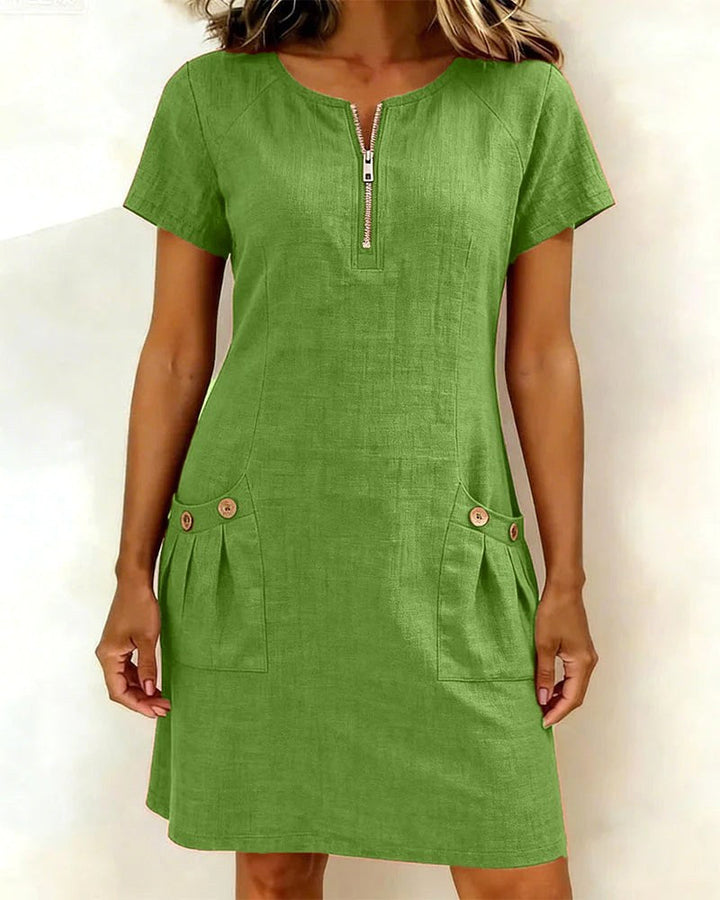 Madison | Women's A-Line Linen Midi Dress with Pockets - Zwart