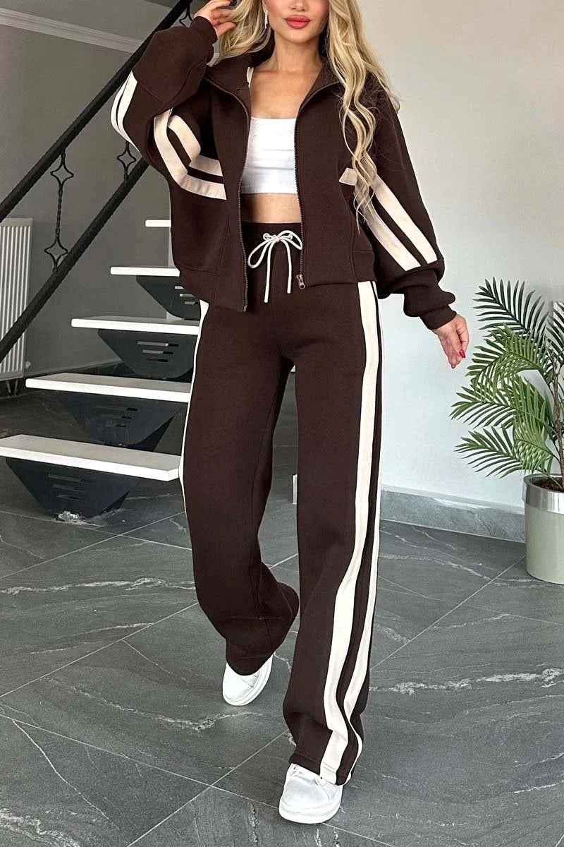 Madison | Women's Athletic Zip Two-Piece Set - Brown