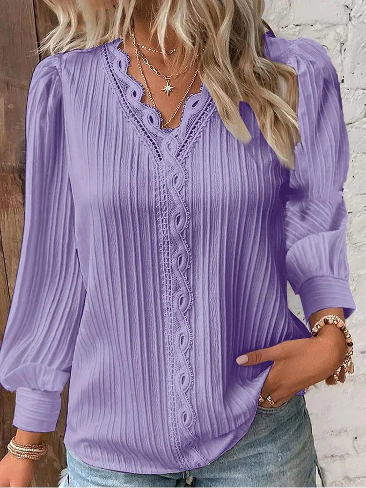 Madison | Women's Chiffon Blouse with Lace Accents - Light Blue