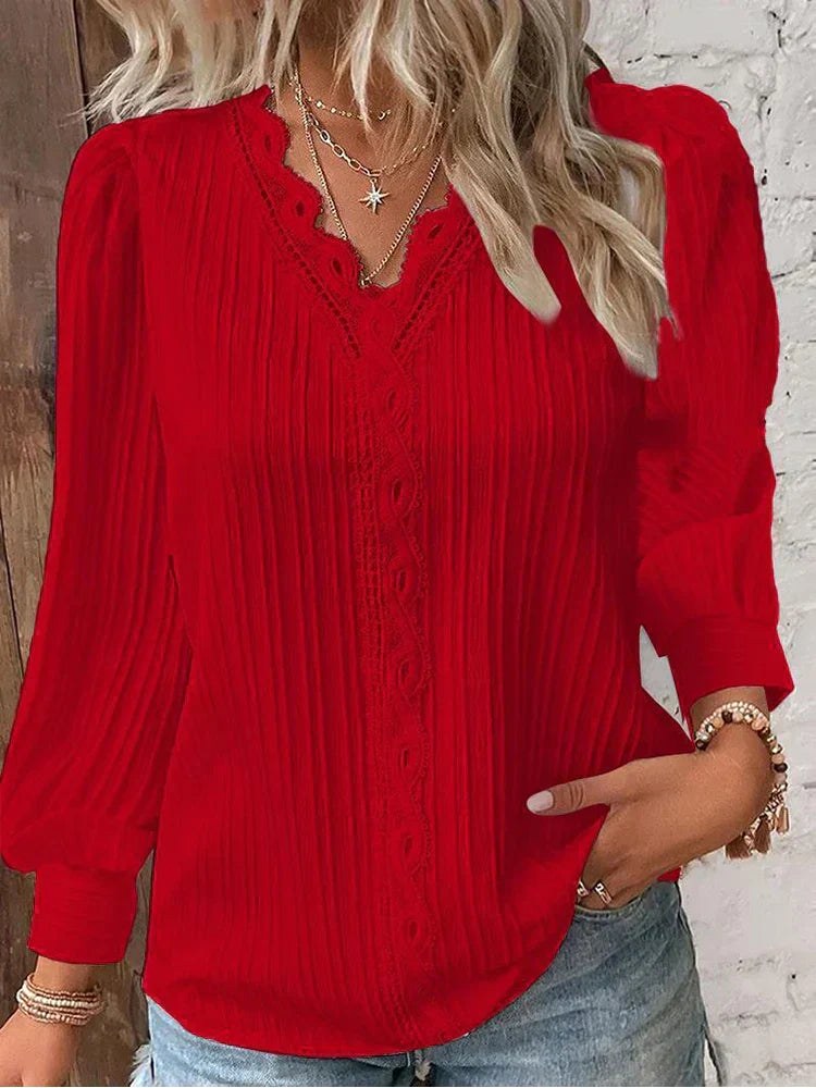 Madison | Women's Chiffon Blouse with Lace Accents - Red