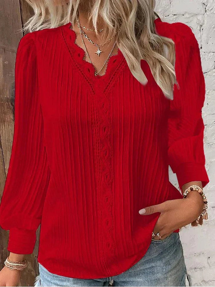 Madison | Women's Chiffon Blouse with Lace Accents - Red