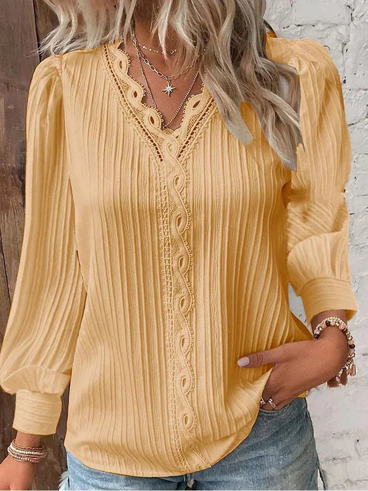 Madison | Women's Chiffon Blouse with Lace Accents - Yellow