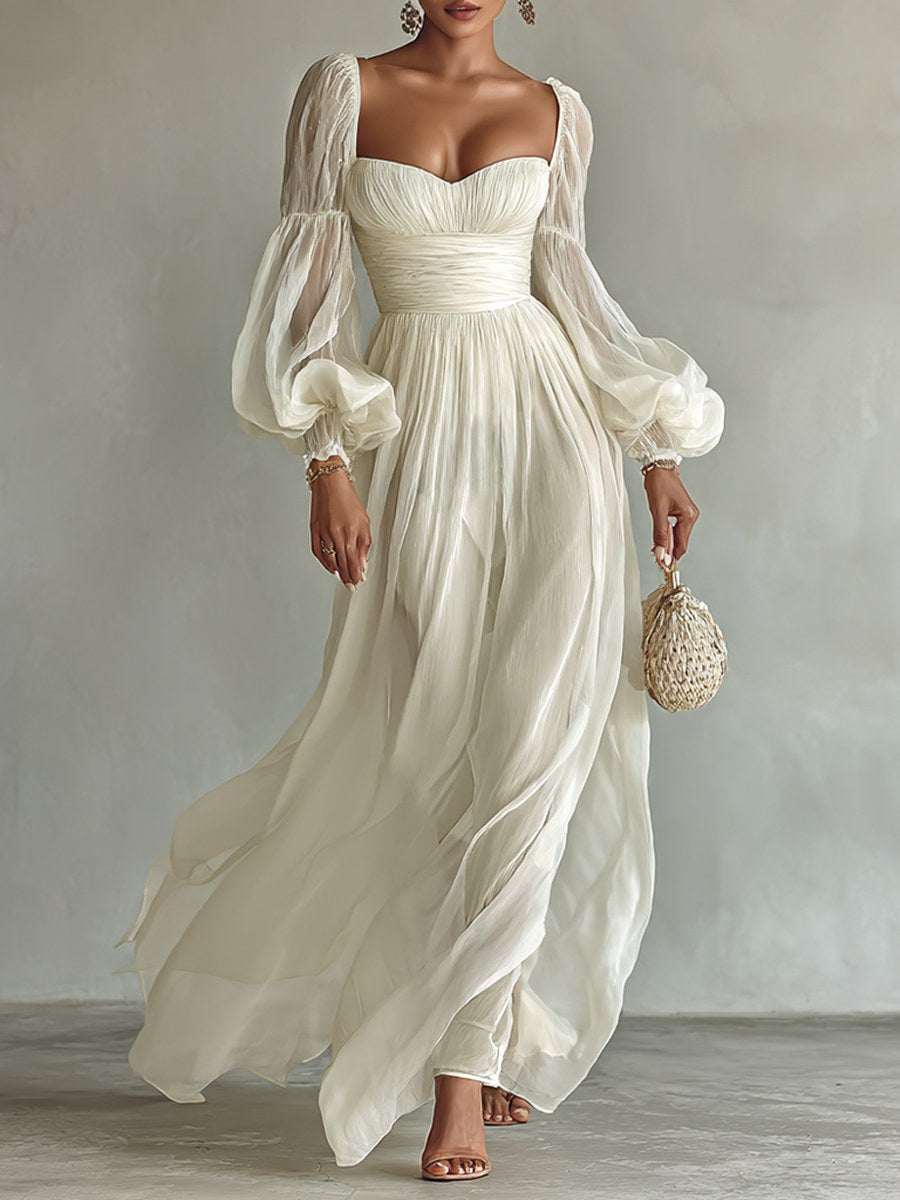 Madison | Women's Chiffon Square Neck Long Sleeve Maxi Dress - White