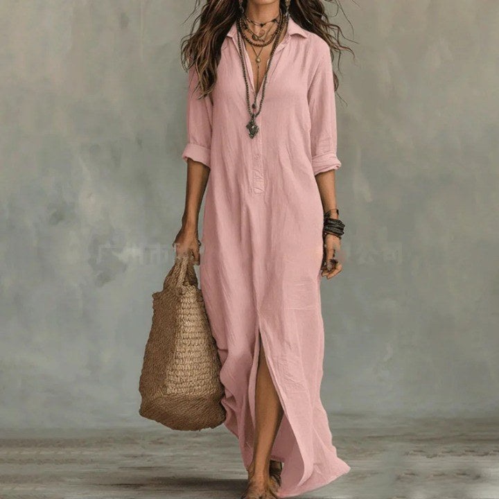Madison | Women's Linen Long Shirt Dress - Khaki