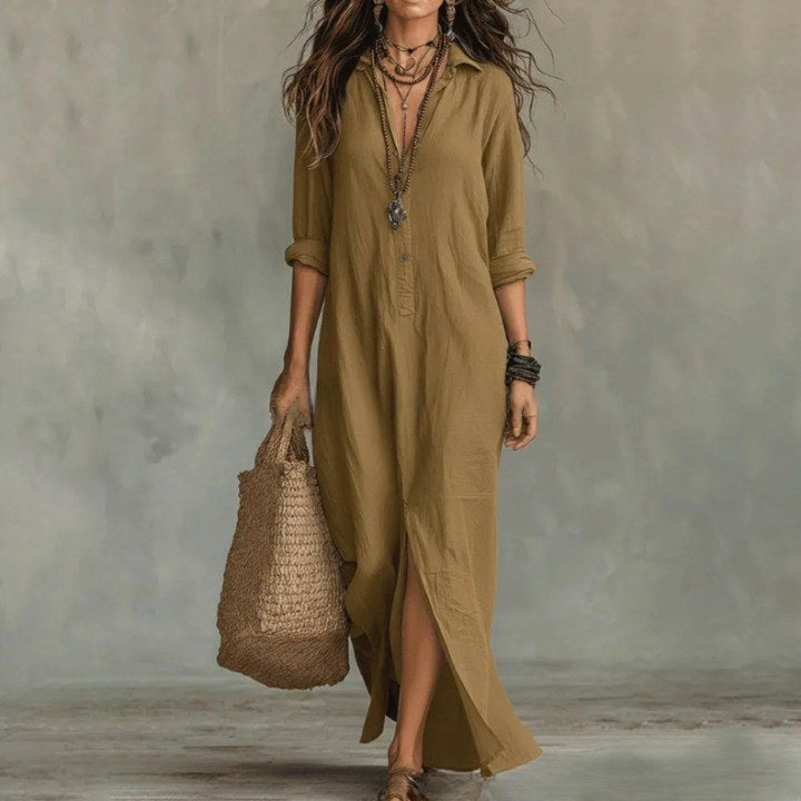Madison | Women's Linen Long Shirt Dress - Army Green