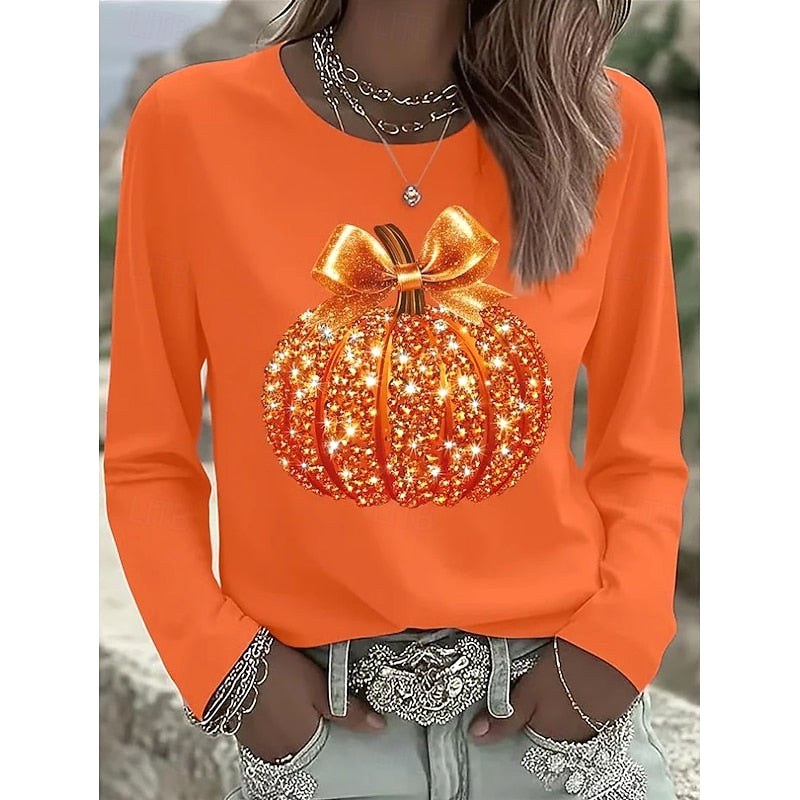 Madison | Women's Long-Sleeve Pumpkin Top, Shimmering Autumn Top | Animated Apparel | Orange