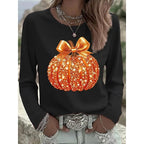 Madison | Women's Long-Sleeve Pumpkin Top, Shimmering Autumn Top | Animated Apparel | Black