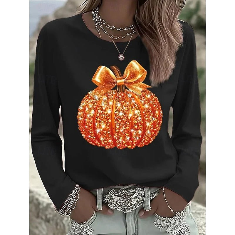 Madison | Women's Long-Sleeve Pumpkin Top, Shimmering Autumn Top | Animated Apparel | Black