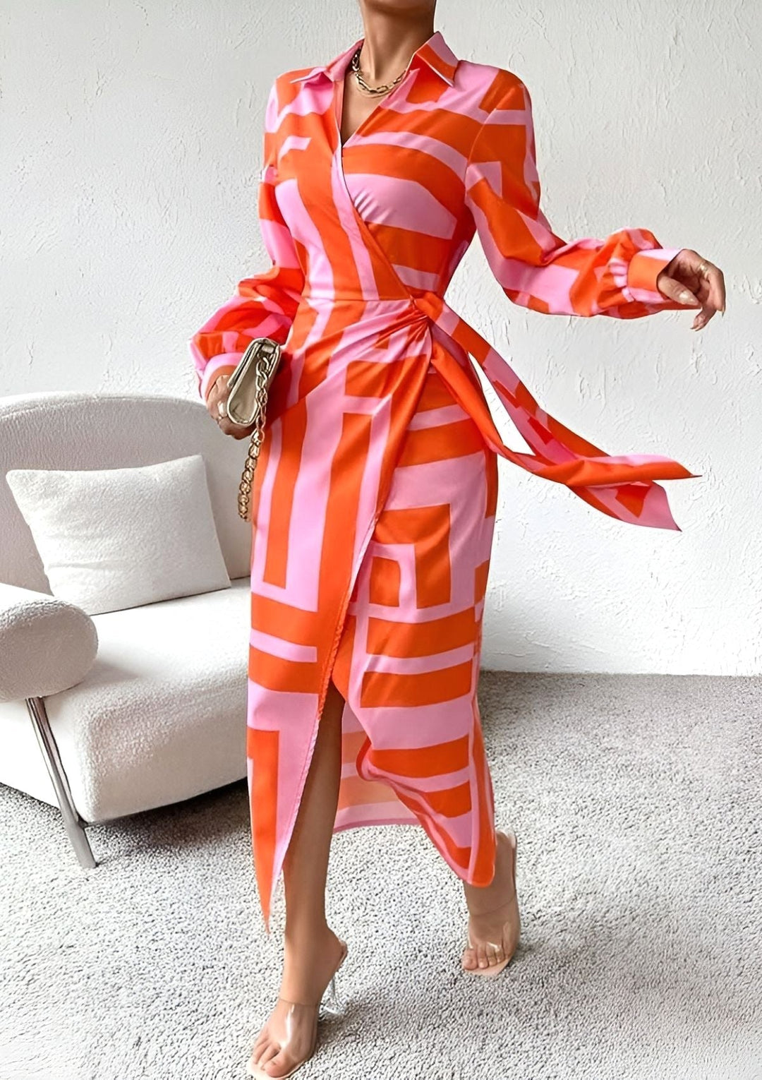 Madison | Women's Printed Waist-Cinching Shirt Dress - Orange