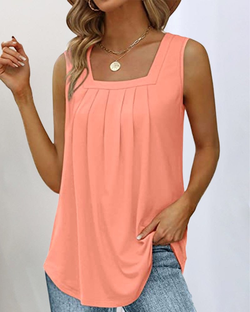 Madison | Women's Square Neck Pleated Tank Top - Peach