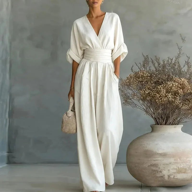 Madison | Women's V-Neck Summer Jumpsuit - White