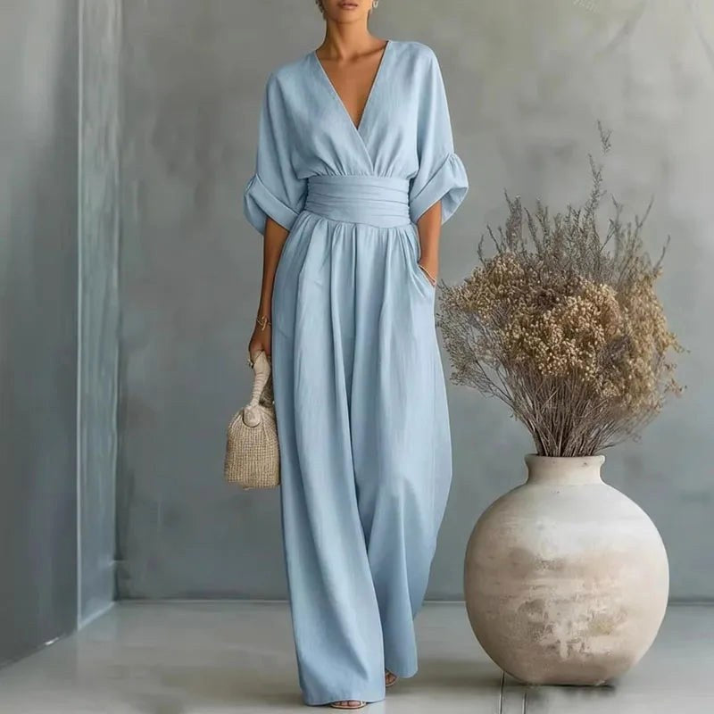 Madison | Women's V-Neck Summer Jumpsuit - Sky Blue