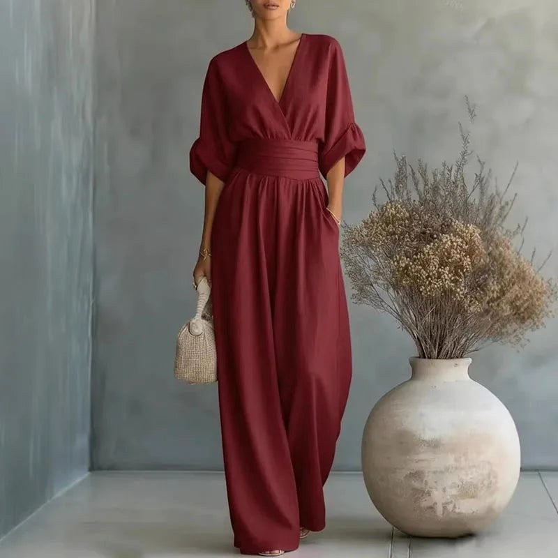 Madison | Women's V-Neck Summer Jumpsuit - Wine Red