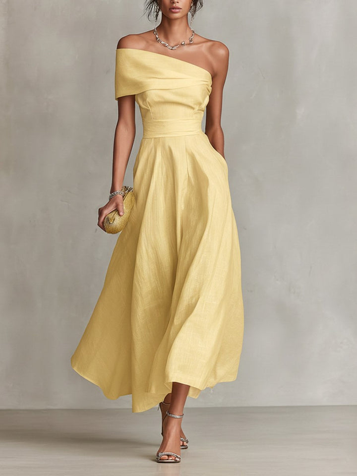 Madison | Women's Yellow Linen One-Shoulder Midi Dress - Yellow