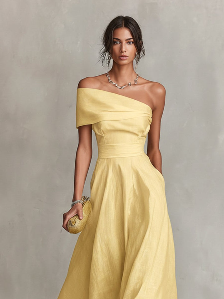 Madison | Women's Yellow Linen One-Shoulder Midi Dress - image 3
