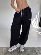 Maelle | Women's Baggy-Fit Sweatpants with Side Stripe, Wide-Leg Lounge Trousers | Animated Apparel | Brown