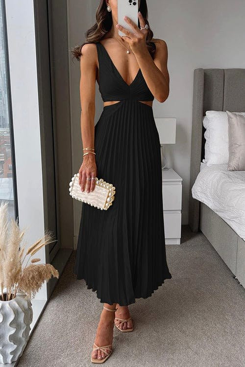 Maeva | Women's Pleated Satin Midi Dress, Flowing Evening Dress | Animated Apparel