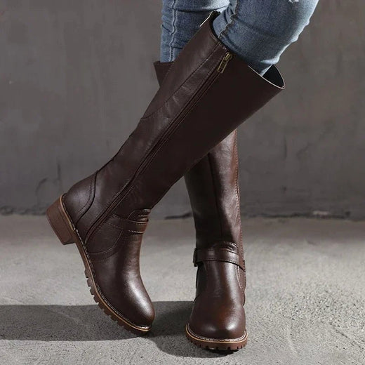 Maisie | Women's Knee-High Leather Boots, Side-Zip Block Heel Riding Boots | Animated Apparel | Brown