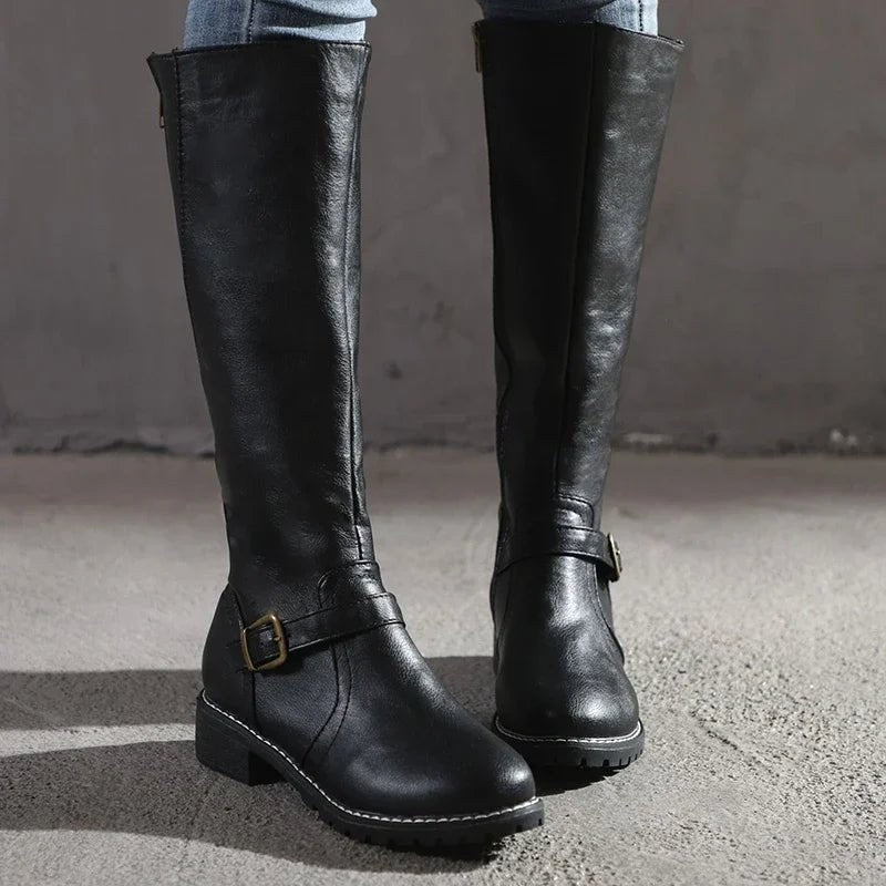 Maisie | Women's Knee-High Leather Boots, Side-Zip Block Heel Riding Boots | Animated Apparel | Dark Brown