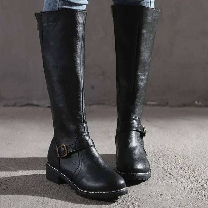 Maisie | Women's Knee-High Leather Boots, Side-Zip Block Heel Riding Boots | Animated Apparel | Dark Brown
