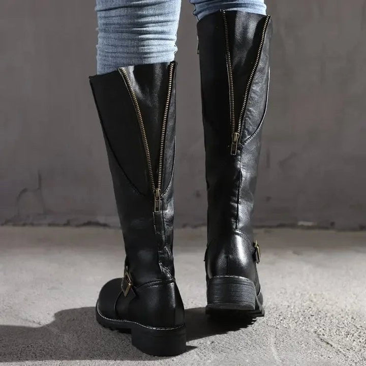 Maisie | Women's Knee-High Leather Boots, Side-Zip Block Heel Riding Boots | Animated Apparel | Black