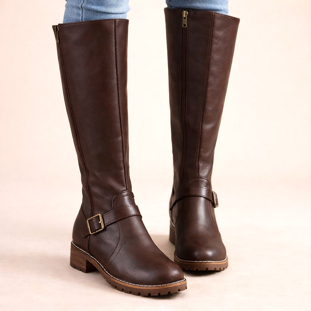 Maisie | Women's Knee-High Leather Boots, Side-Zip Block Heel Riding Boots | Animated Apparel
