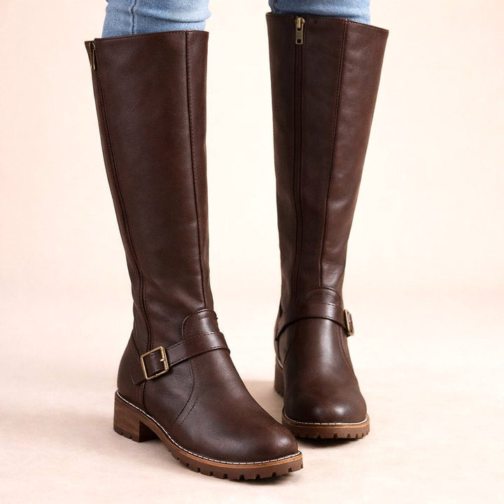 Maisie | Women's Knee-High Leather Boots, Side-Zip Block Heel Riding Boots | Animated Apparel