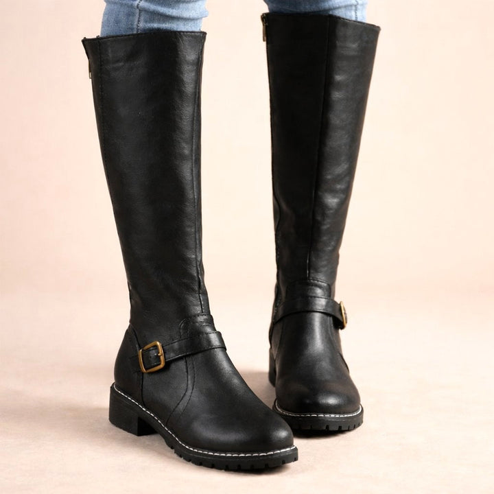 Maisie | Women's Knee-High Leather Boots, Side-Zip Block Heel Riding Boots | Animated Apparel