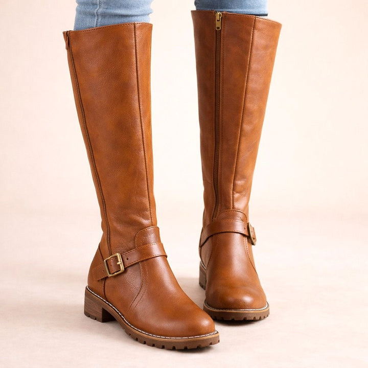 Maisie | Women's Knee-High Leather Boots, Side-Zip Block Heel Riding Boots | Animated Apparel