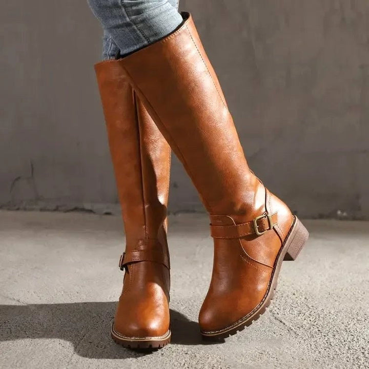Maisie | Women's Knee-High Leather Boots, Side-Zip Block Heel Riding Boots | Animated Apparel