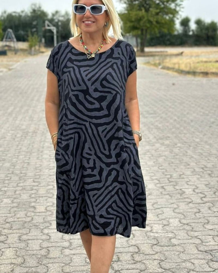 Maisie | Women's Printed Crew Neck Midi Dress - Blauw
