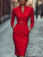 Maja | Women's Midi Dress with Belted Waist and Long Sleeves, Soft Knit Midi Dress | Animated Apparel