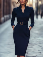 Maja | Women's Midi Dress with Belted Waist and Long Sleeves, Soft Knit Midi Dress | Animated Apparel