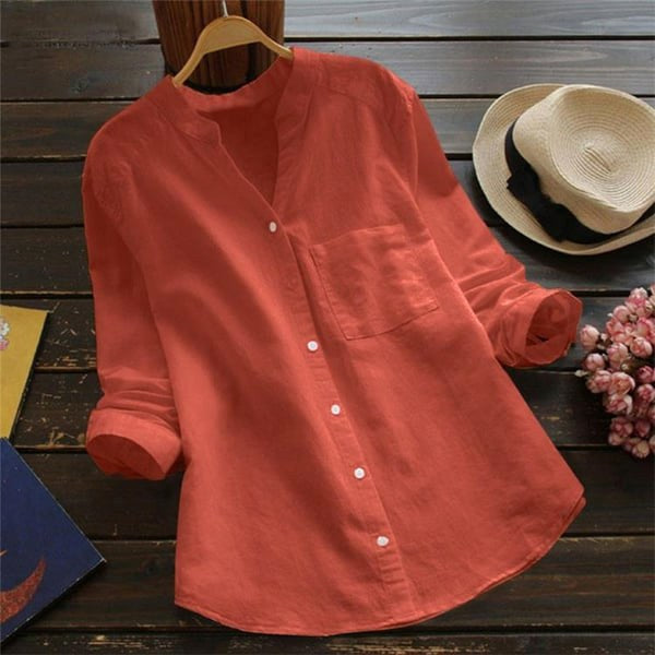Mallory | Women's Linen V-Neck Shirt with Chest Pocket - Coral