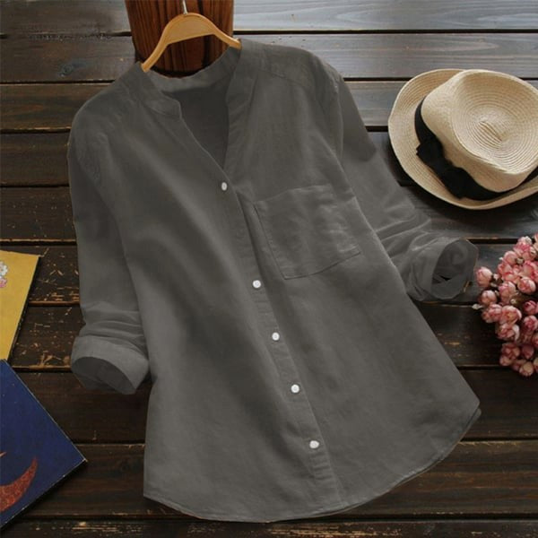 Mallory | Women's Linen V-Neck Shirt with Chest Pocket - Dark Gray