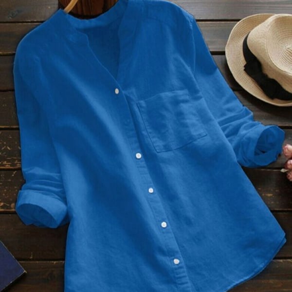 Mallory | Women's Linen V-Neck Shirt with Chest Pocket - Blue