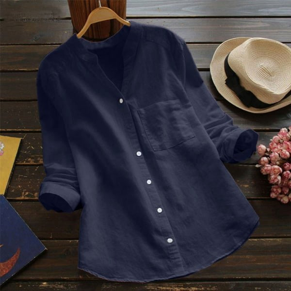 Mallory | Women's Linen V-Neck Shirt with Chest Pocket - Dark Blue