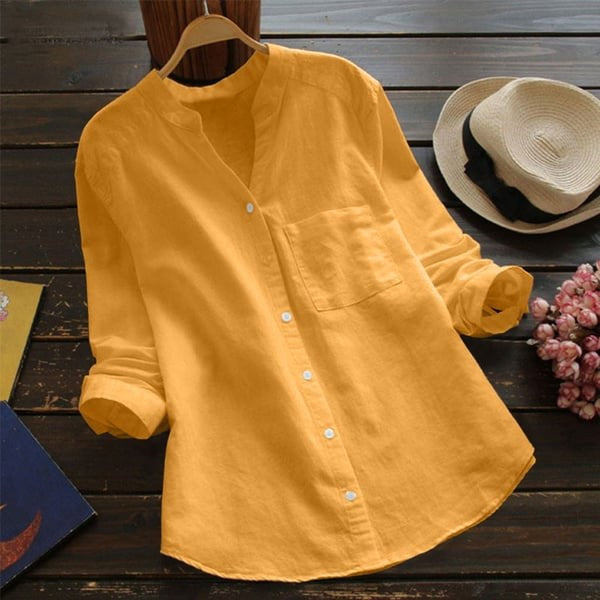 Mallory | Women's Linen V-Neck Shirt with Chest Pocket - Yellow